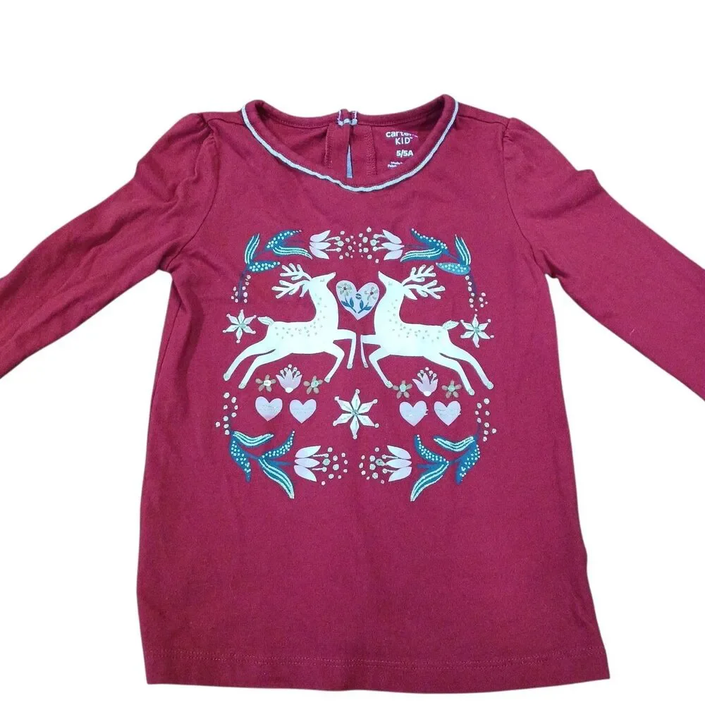 GIRLS CARTER'S 5 DARK RED L/S REINDEER HOLIDAY HEART FLORAL GOLD GLITTER TOP